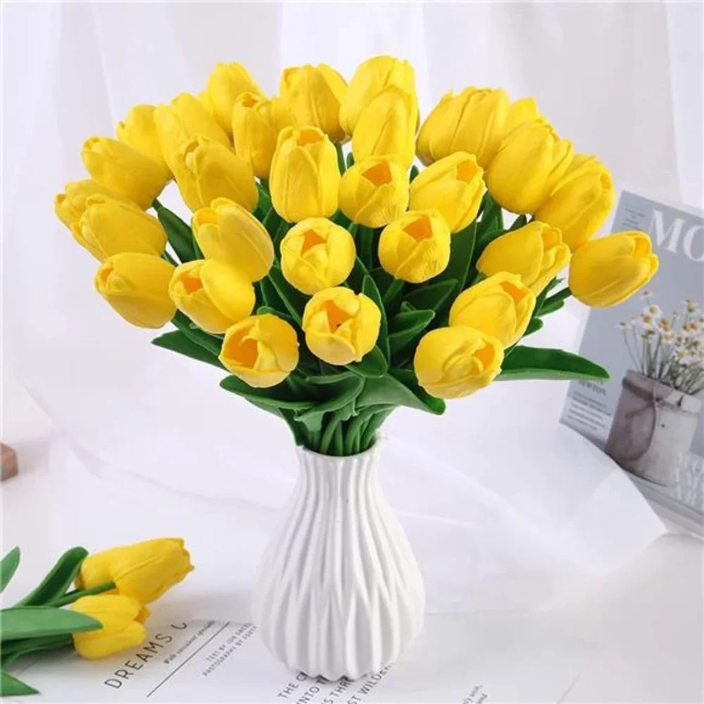 10 Pcs Tulips Artifical Flowers Real Touch Faux Tulip Stems Table Decor (Yellow)